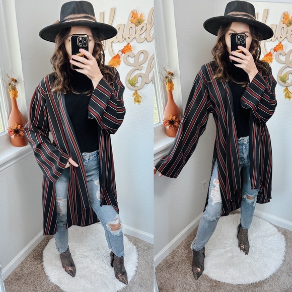 L&B western chic black and red striped flare sleeved duster cardigan size medium - Picture 7 of 7